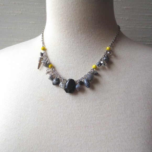 Handmade Black Grey and Neon Yellow Silver Cluster Statement Necklace - Picture 2 of 2